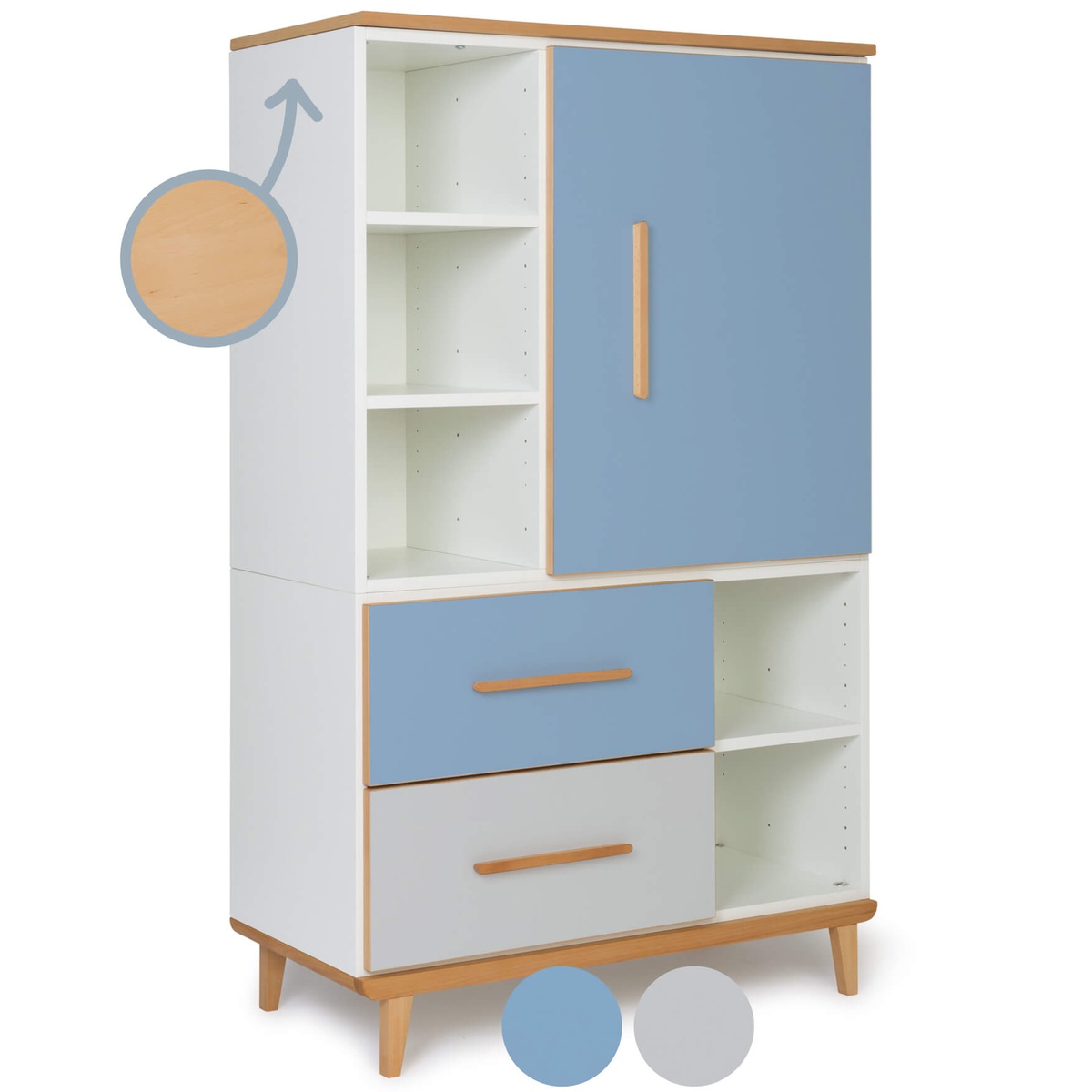 Armoire 147 cm 1 porte 2 tiroirs NADO Retro finition hêtre capri blue-manhattan grey