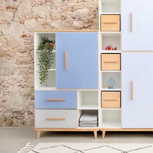 Armoire 147 cm 1 porte 2 tiroirs NADO Retro finition hêtre capri blue-manhattan grey