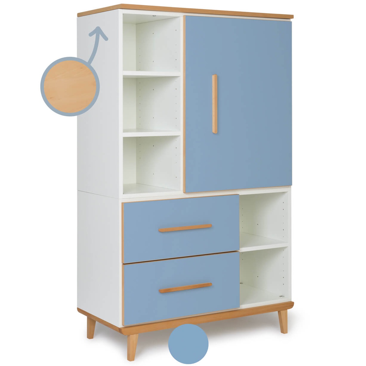 Armoire 147 cm 1 porte 2 tiroirs NADO Retro finition hêtre capri blue