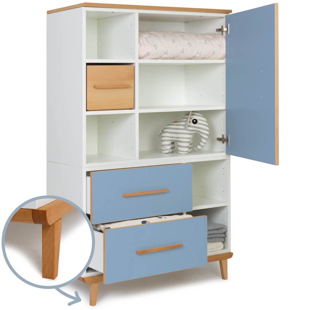 Armoire 147 cm 1 porte 2 tiroirs NADO Retro finition hêtre capri blue