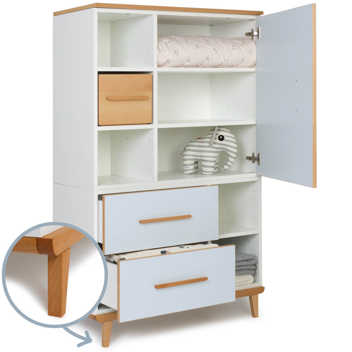 Armoire 147 cm 1 porte 2 tiroirs NADO Retro finition hêtre sky blue