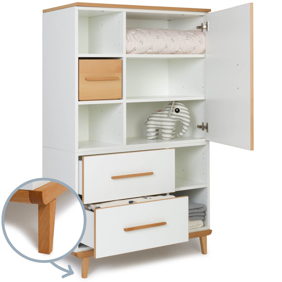 Armoire 147 cm 1 porte 2 tiroirs NADO Retro finition hêtre white