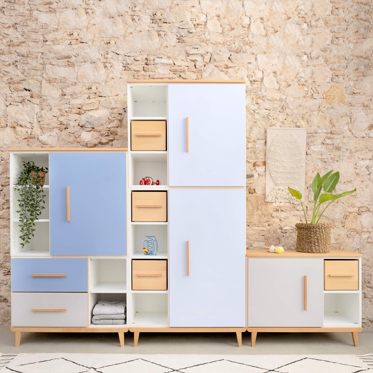 Armoire 147 cm 2 portes NADO Retro finition hêtre sky blue