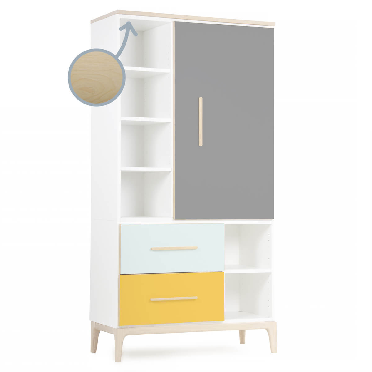 Armoire 173 cm 1 porte 2 tiroirs NADO Curve finition frêne slate grey-mint-sunshine yellow