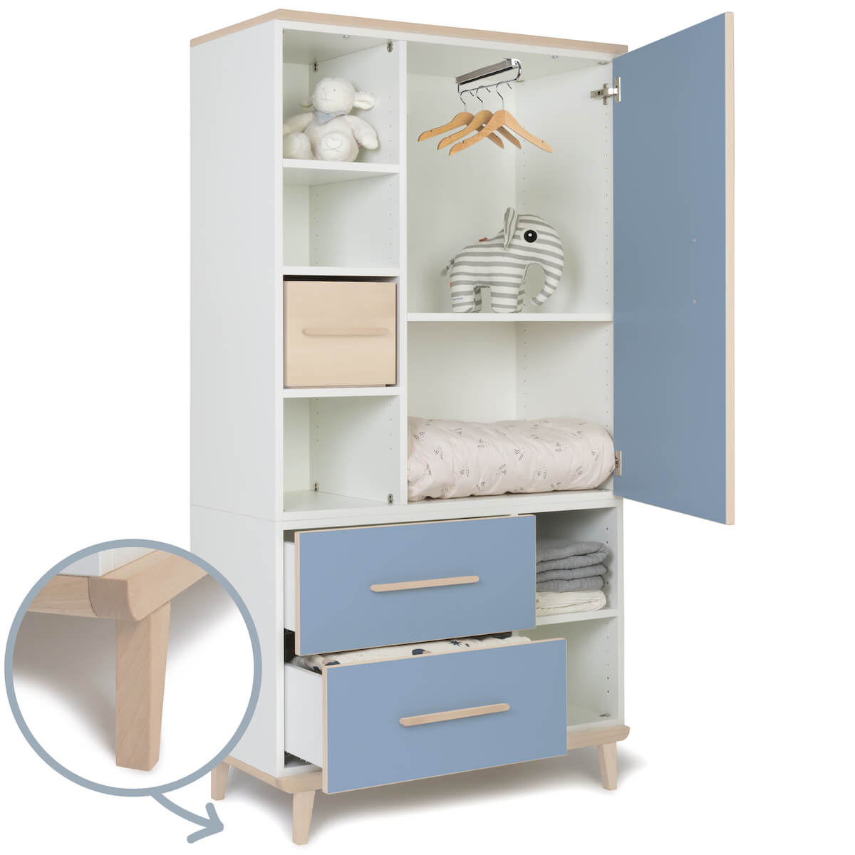 Armoire 173 cm 1 porte 2 tiroirs NADO Retro finition frêne capri blue