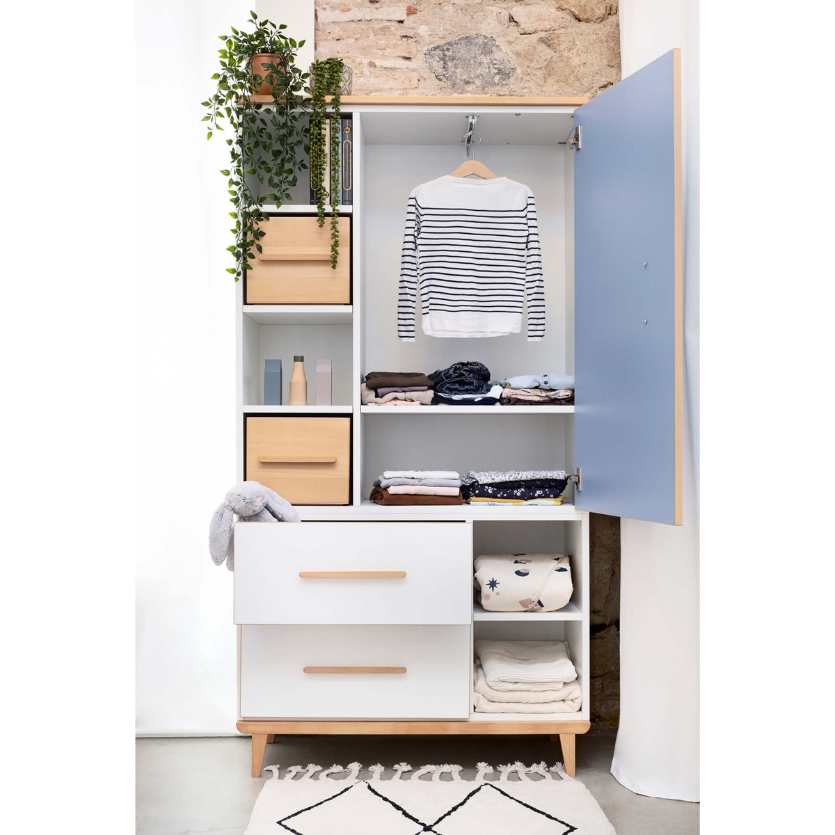 Armoire 173 cm 1 porte 2 tiroirs NADO Retro finition hêtre capri blue-white