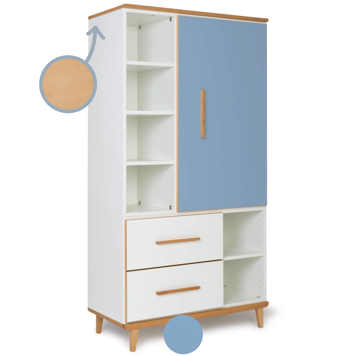 Armoire 173 cm 1 porte 2 tiroirs NADO Retro finition hêtre capri blue-white