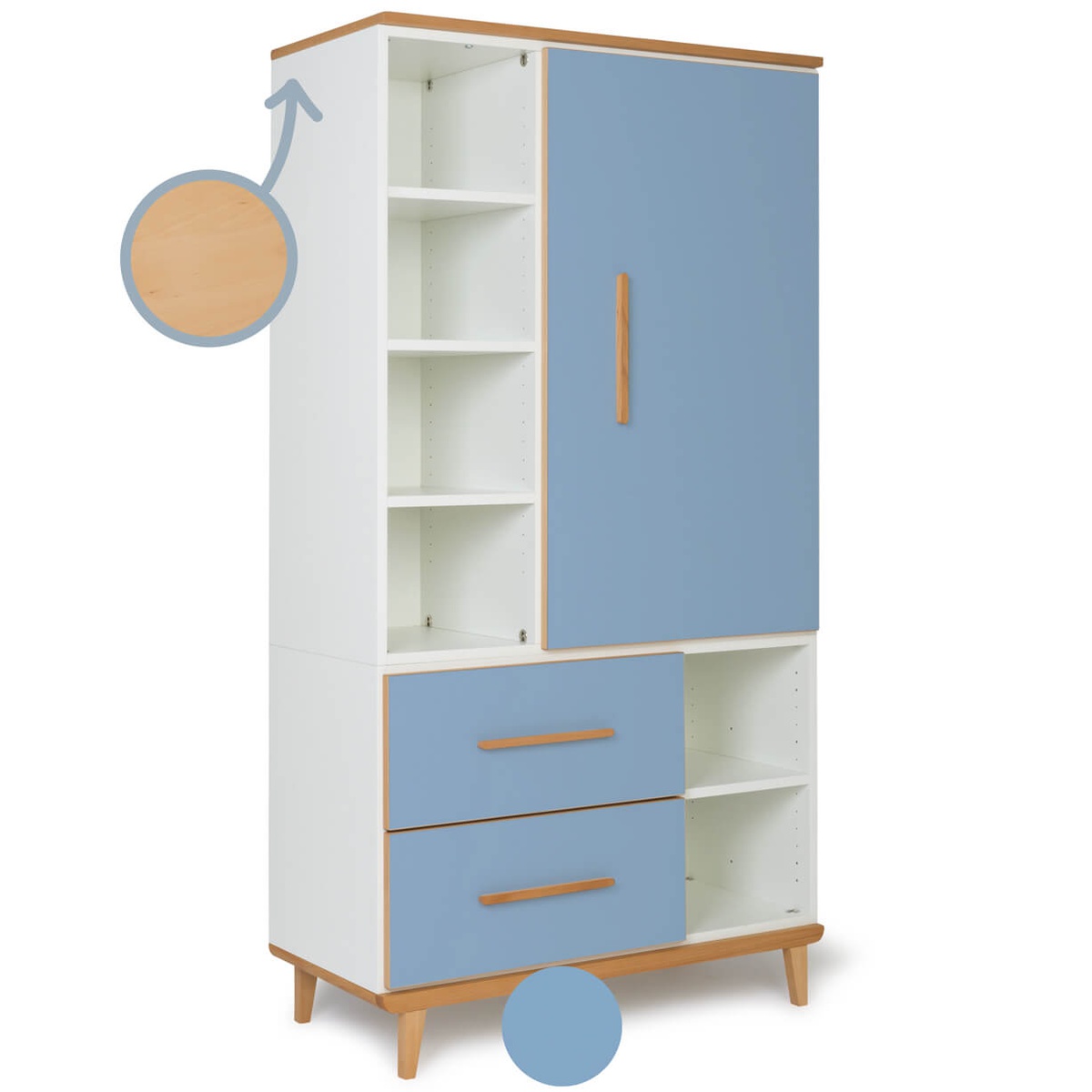 Armoire 173 cm 1 porte 2 tiroirs NADO Retro finition hêtre capri blue