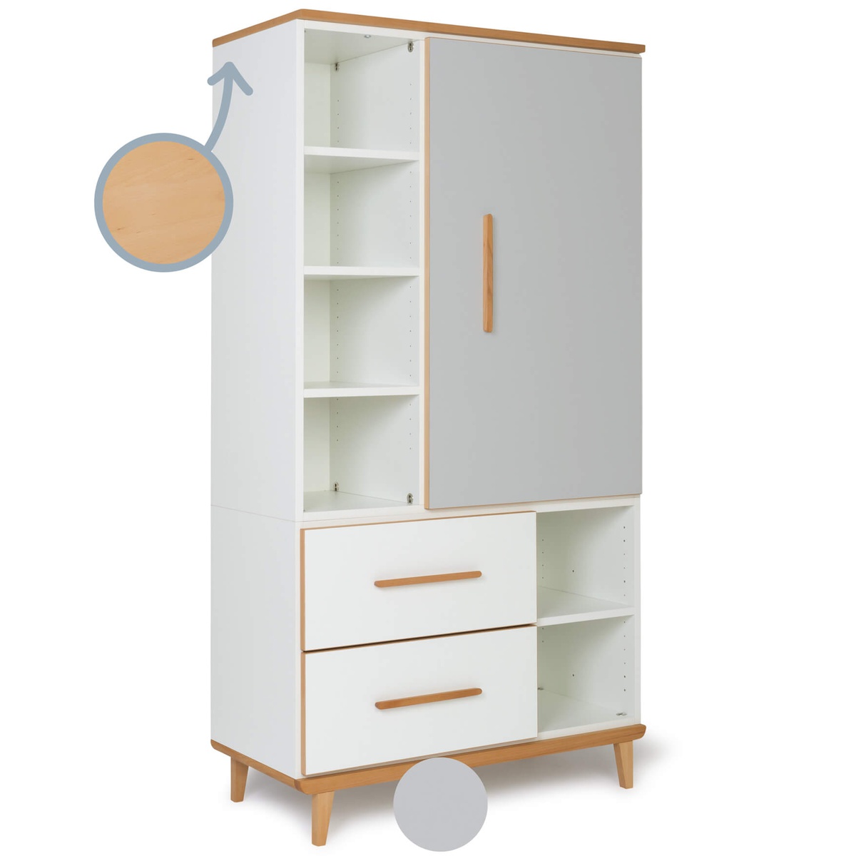 Armoire 173 cm 1 porte 2 tiroirs NADO Retro finition hêtre manhattan grey-white