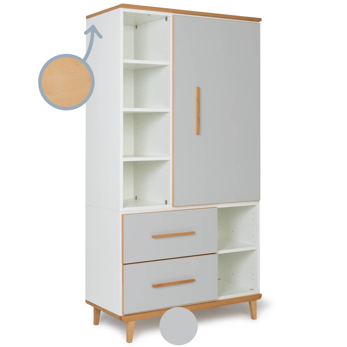 Armoire 173 cm 1 porte 2 tiroirs NADO Retro finition hêtre manhattan grey