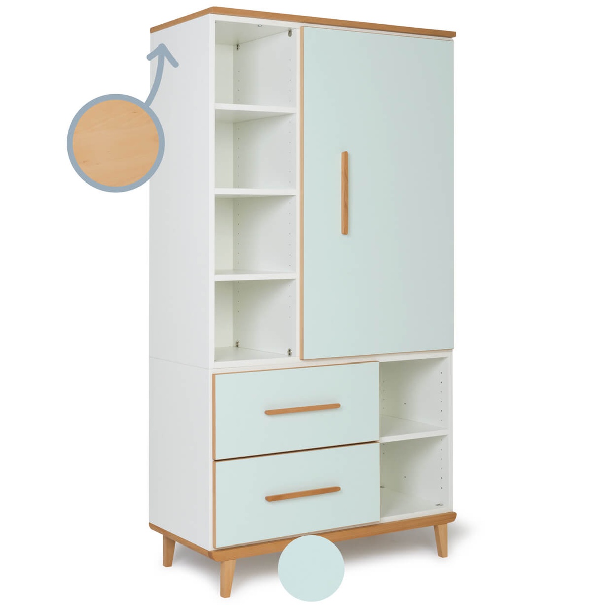 Armoire 173 cm 1 porte 2 tiroirs NADO Retro finition hêtre mint