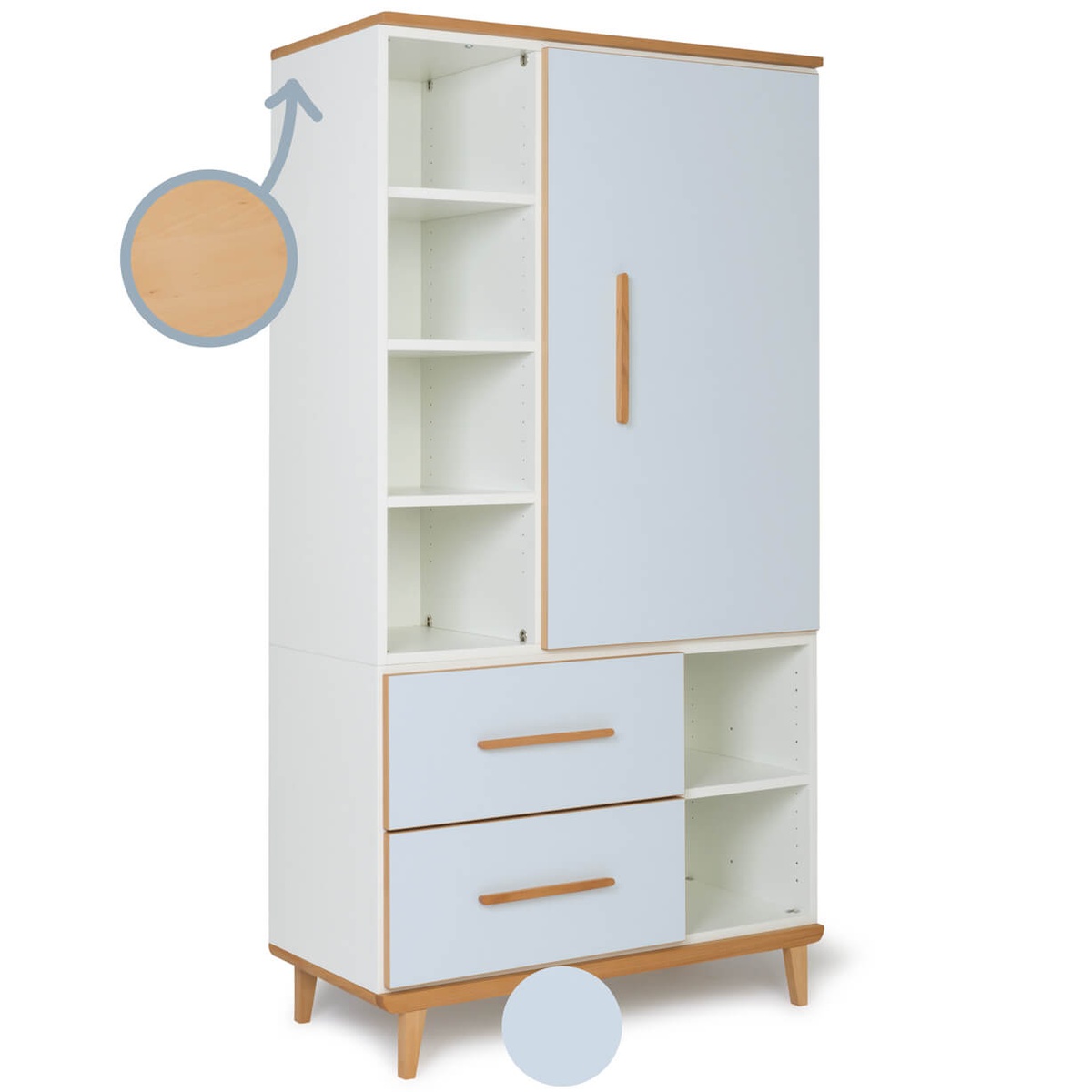Armoire 173 cm 1 porte 2 tiroirs NADO Retro finition hêtre sky blue