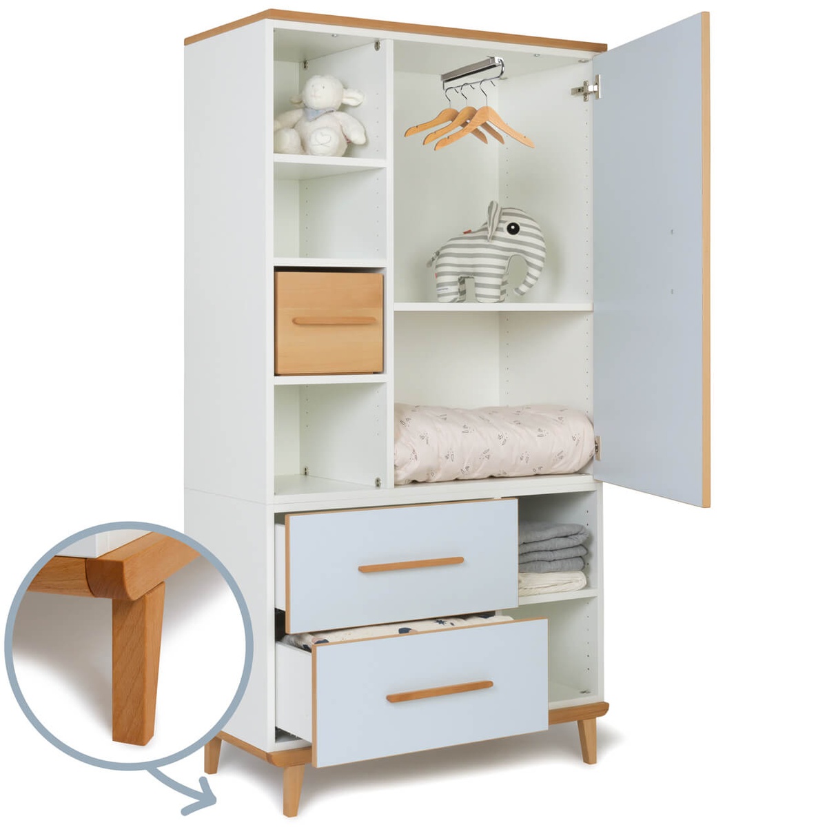 Armoire 173 cm 1 porte 2 tiroirs NADO Retro finition hêtre sky blue