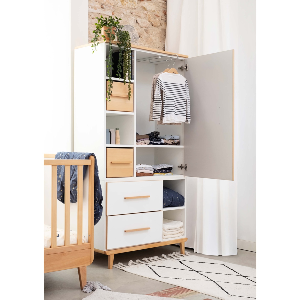 Armoire 173 cm 1 porte 2 tiroirs NADO Retro finition hêtre sky blue