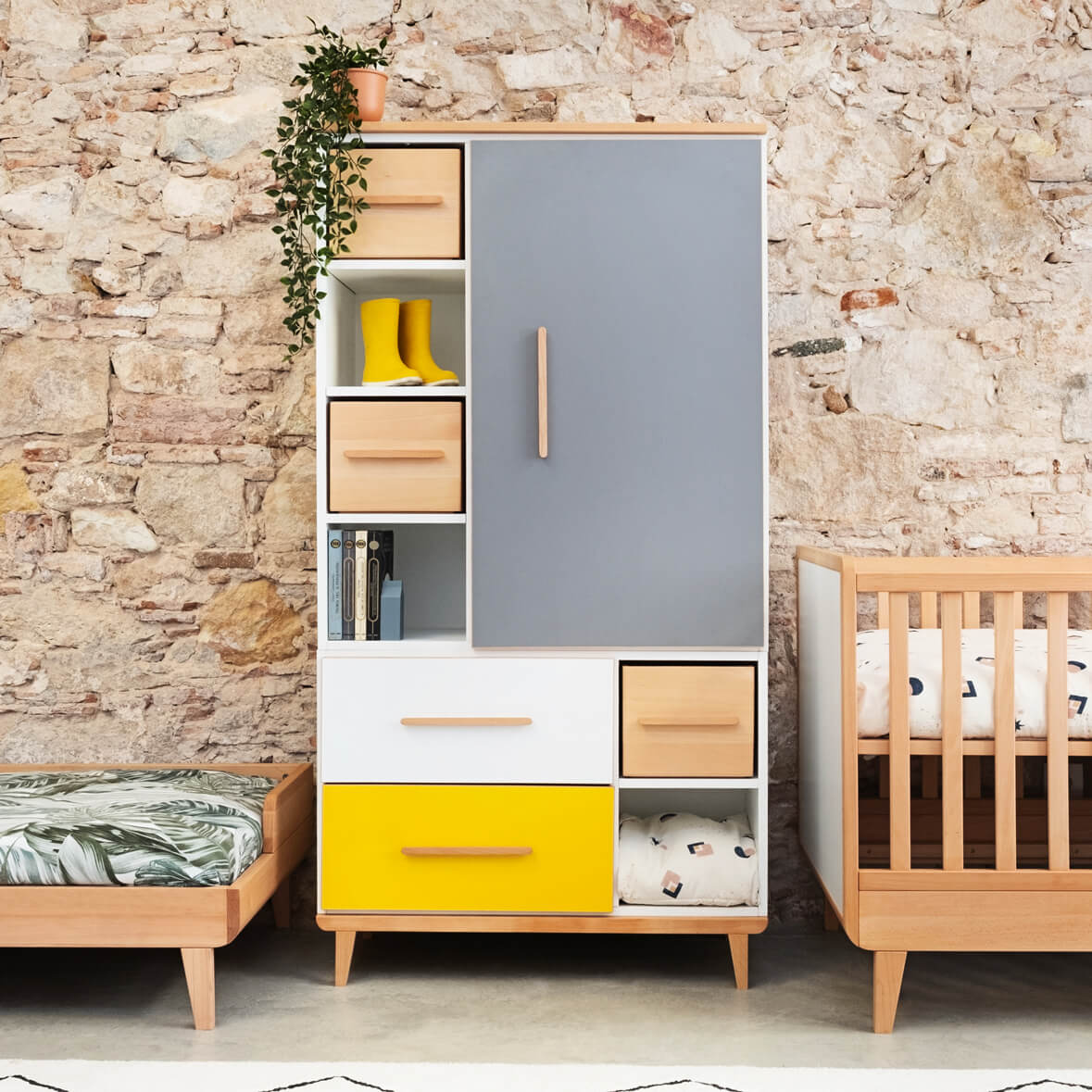 Armoire 173 cm 1 porte 2 tiroirs NADO Retro finition hêtre slate grey-mint-sunshine yellow