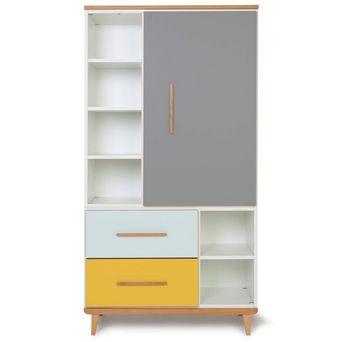 Armoire 173 cm 1 porte 2 tiroirs NADO Retro finition hêtre slate grey-mint-sunshine yellow