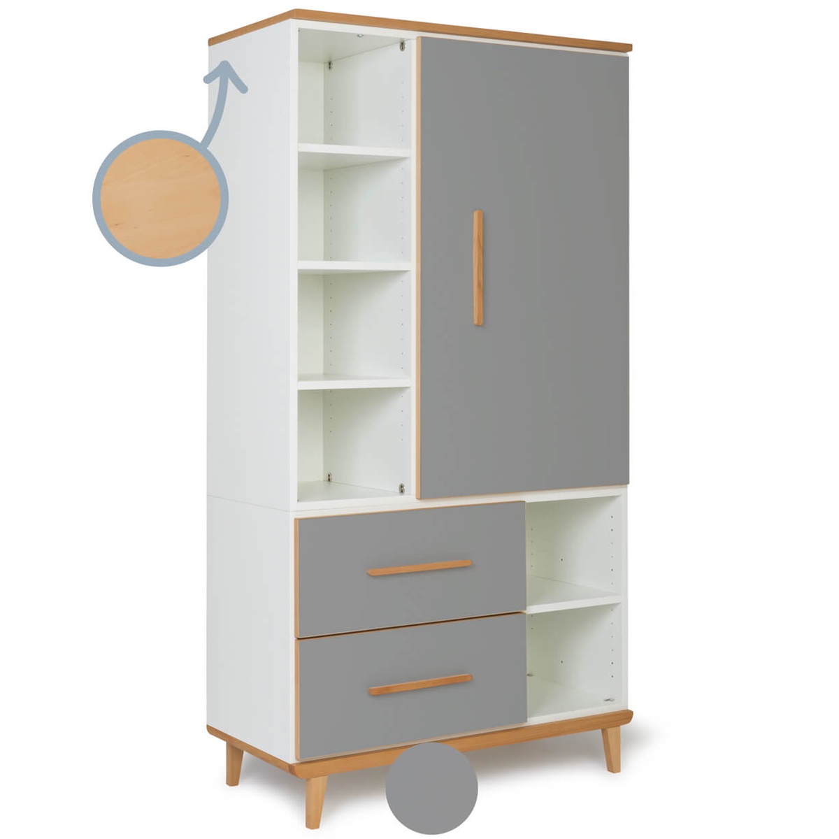 Armoire 173 cm 1 porte 2 tiroirs NADO Retro finition hêtre slate grey