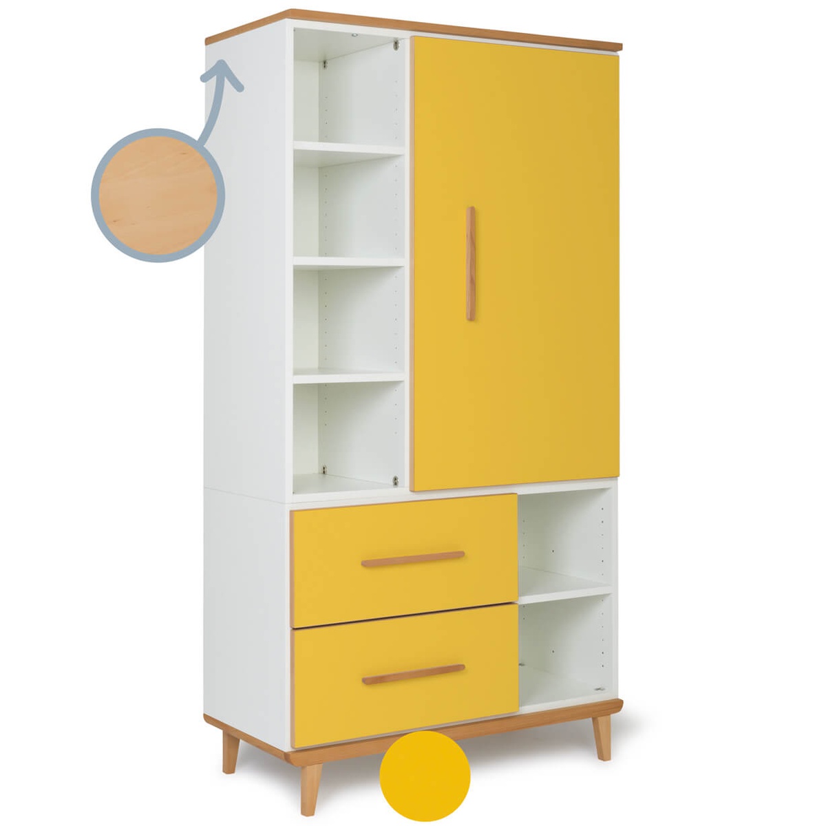 Armoire 173 cm 1 porte 2 tiroirs NADO Retro finition hêtre sunshine yellow