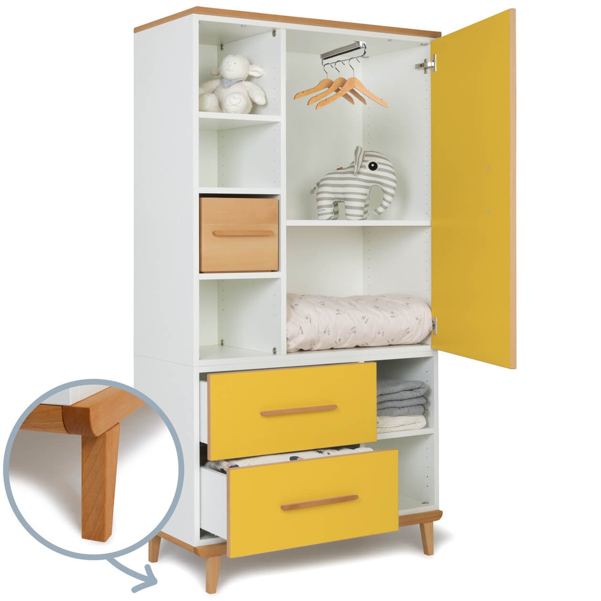 Armoire 173 cm 1 porte 2 tiroirs NADO Retro finition hêtre sunshine yellow