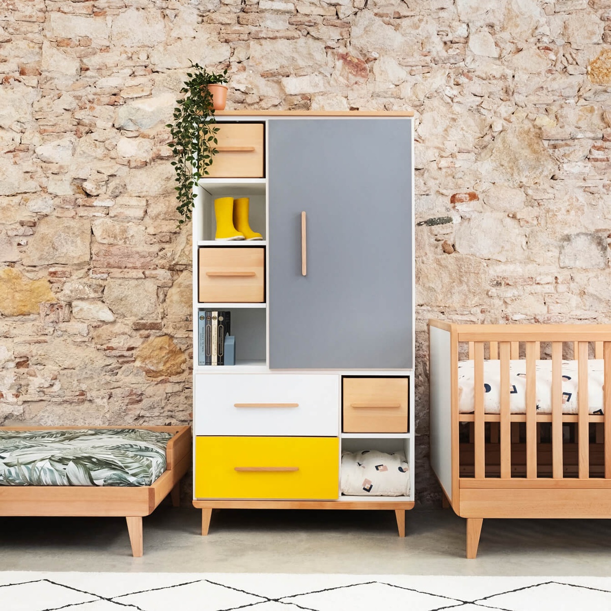 Armoire 173 cm 1 porte 2 tiroirs NADO Retro finition hêtre sunshine yellow