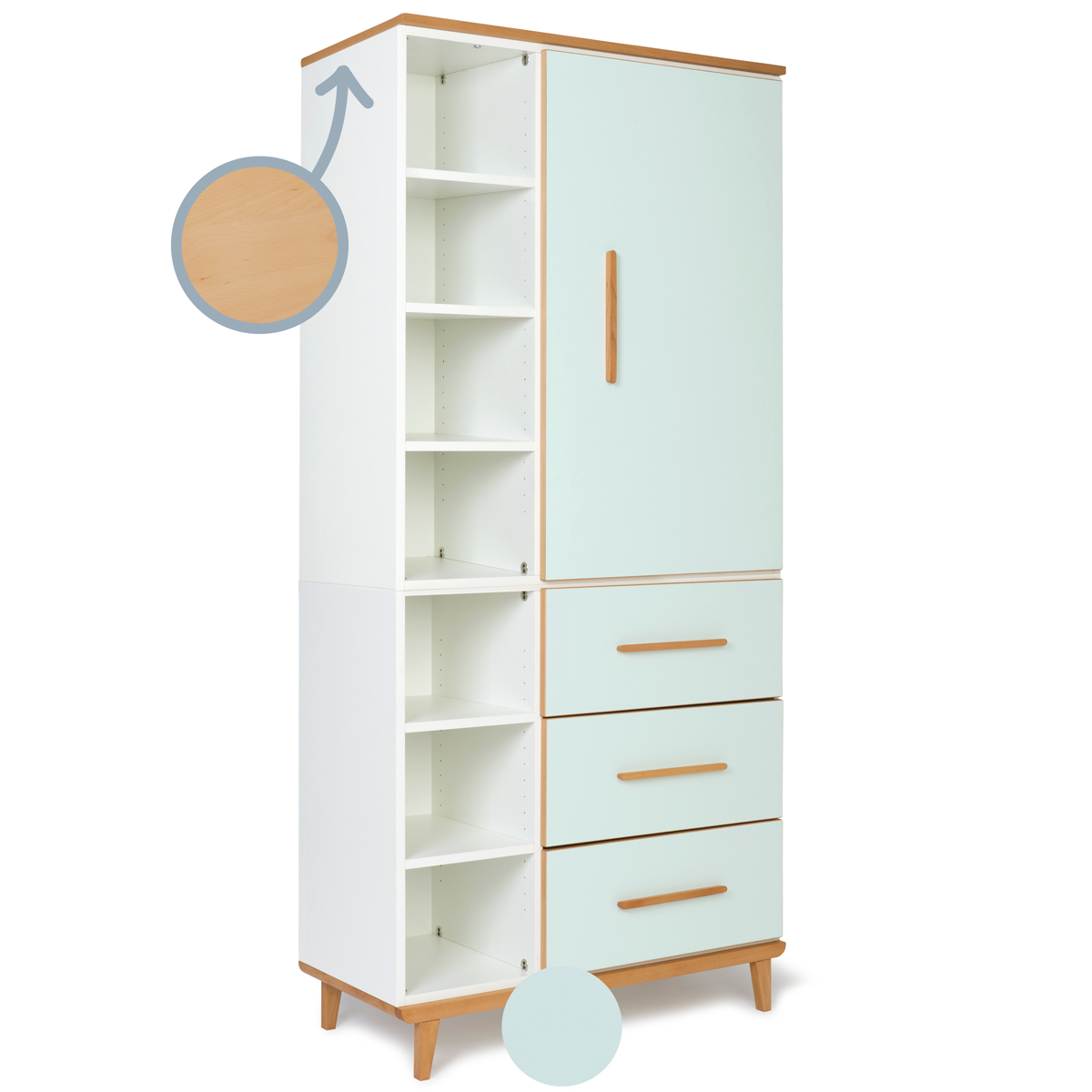 Armoire 198 cm 1 porte 3 tiroirs NADO Retro finition hêtre mint