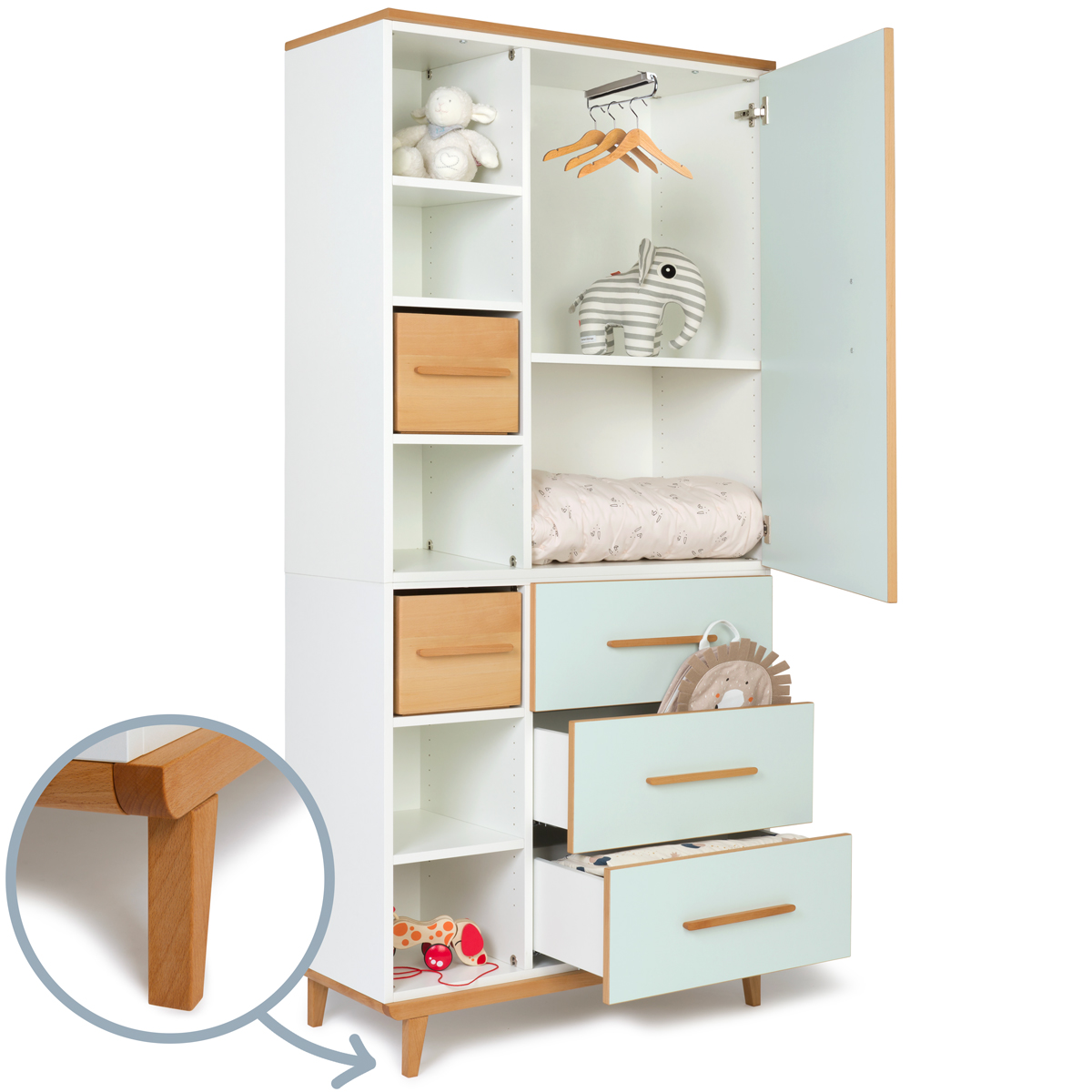 Armoire 198 cm 1 porte 3 tiroirs NADO Retro finition hêtre mint