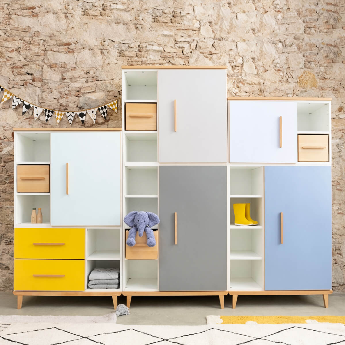 Armoire 198 cm 1 porte 3 tiroirs NADO Retro finition hêtre sky blue