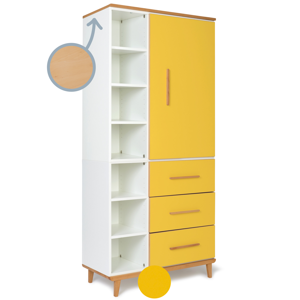 Armoire 198 cm 1 porte 3 tiroirs NADO Retro finition hêtre sunshine yellow