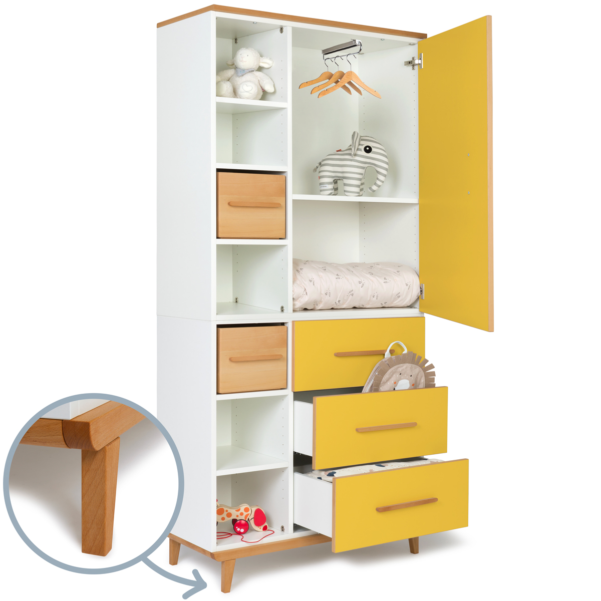 Armoire 198 cm 1 porte 3 tiroirs NADO Retro finition hêtre sunshine yellow