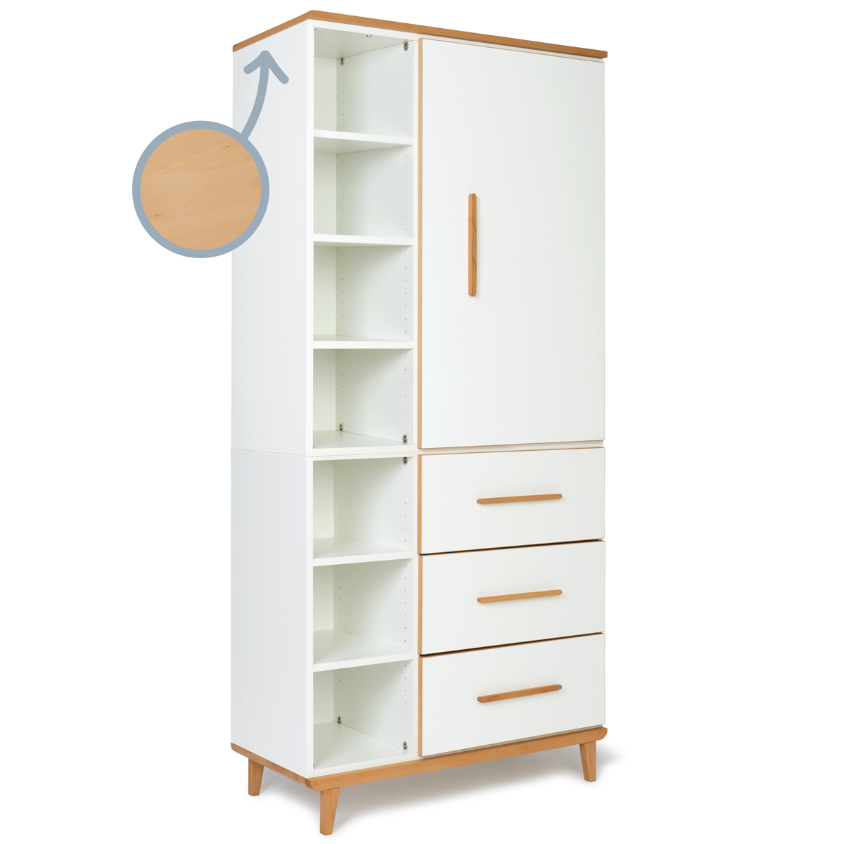 Armoire 198 cm 1 porte 3 tiroirs NADO Retro finition hêtre white