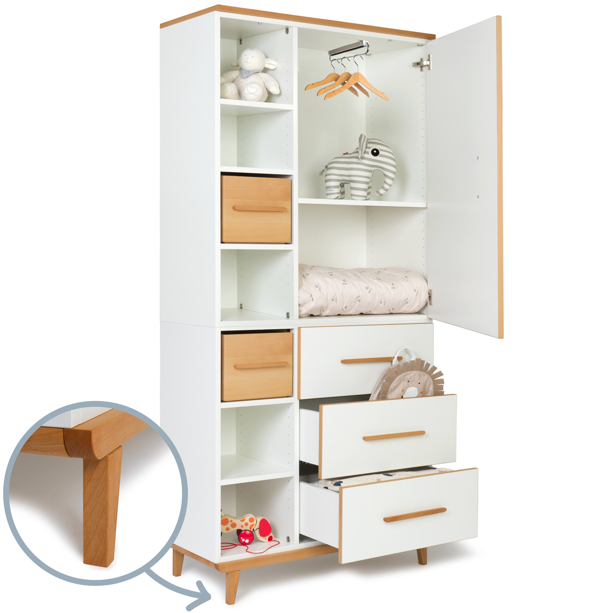 Armoire 198 cm 1 porte 3 tiroirs NADO Retro finition hêtre white