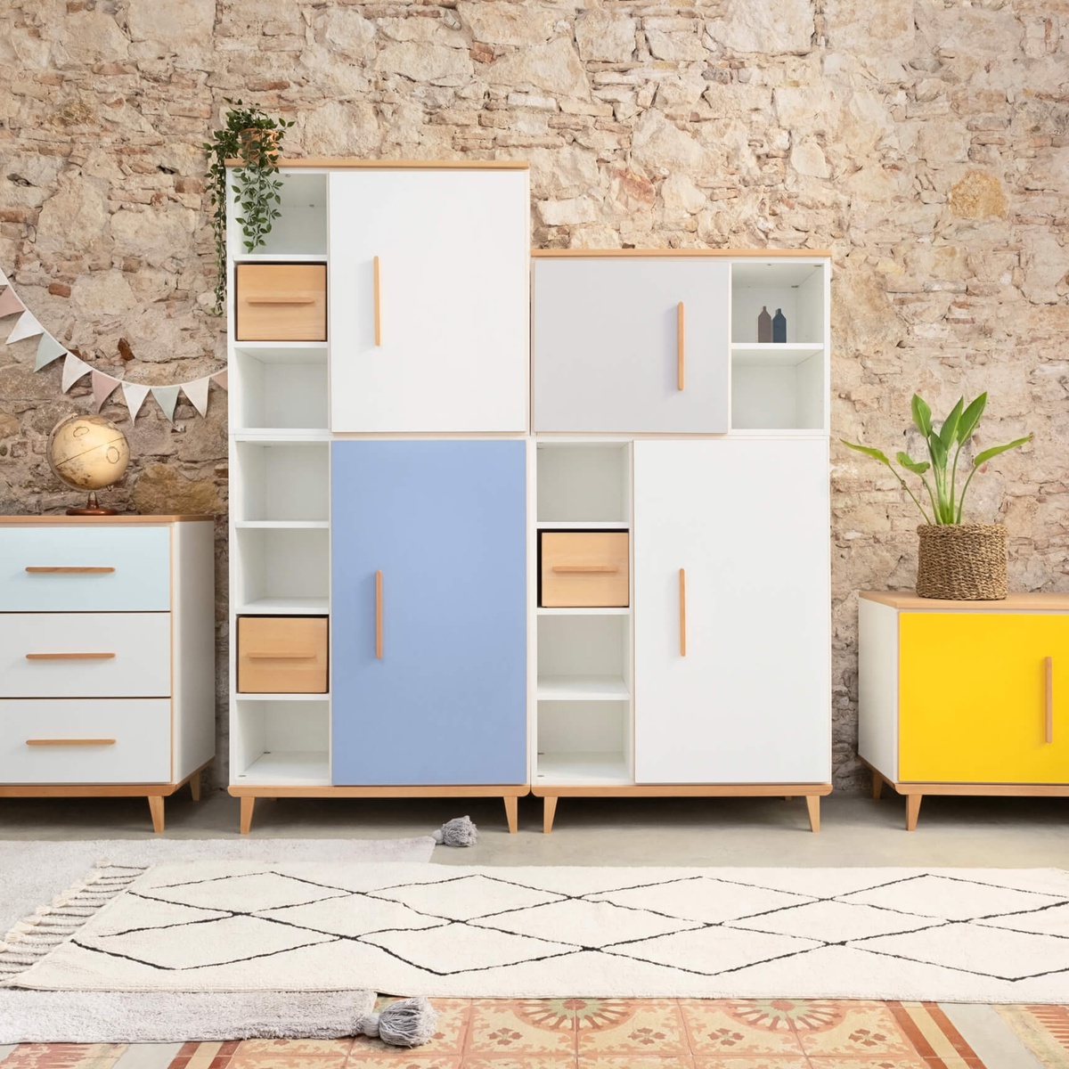 Armoire 198 cm 2 portes NADO Retro finition hêtre capri blue