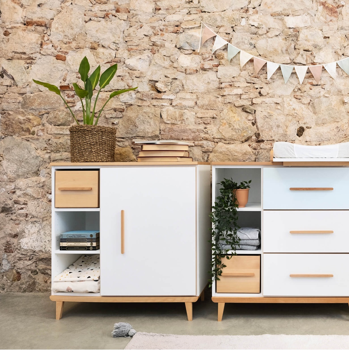 Commode 1 porte 3 niches NADO Retro finition hêtre white