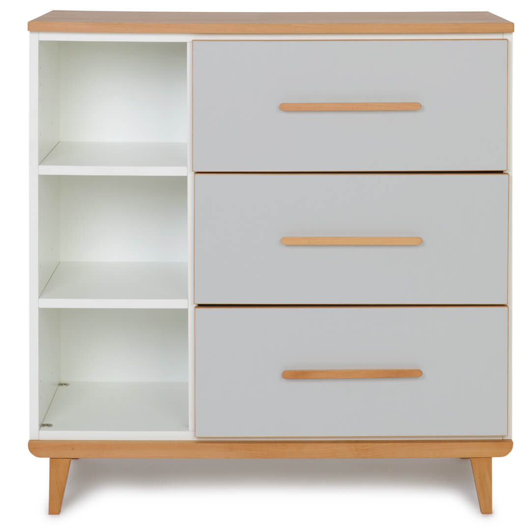 Commode 3 tiroirs 3 niches NADO Retro finition hêtre manhattan grey