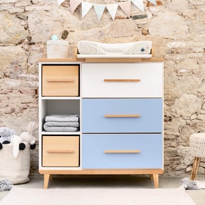 Commode 3 tiroirs 3 niches NADO Retro finition hêtre white-capri blue