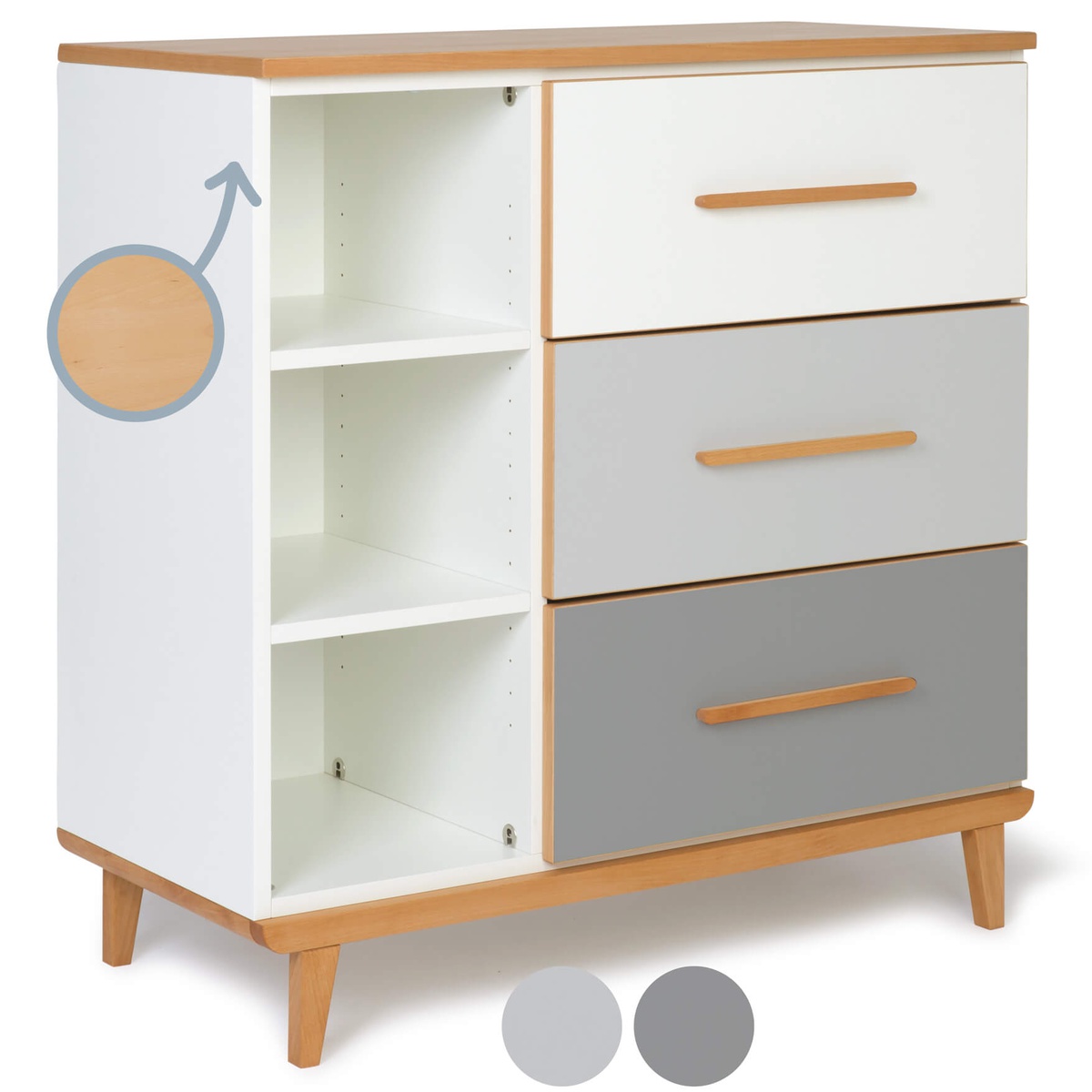 Commode 3 tiroirs 3 niches NADO Retro finition hêtre white-manhattan grey-slate grey
