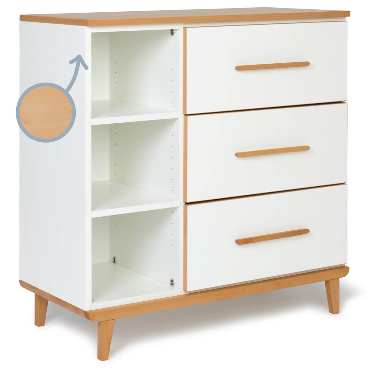 Commode 3 tiroirs 3 niches NADO Retro finition hêtre white