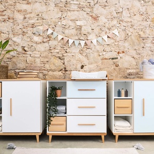 Commode 3 tiroirs 3 niches NADO Retro finition hêtre white