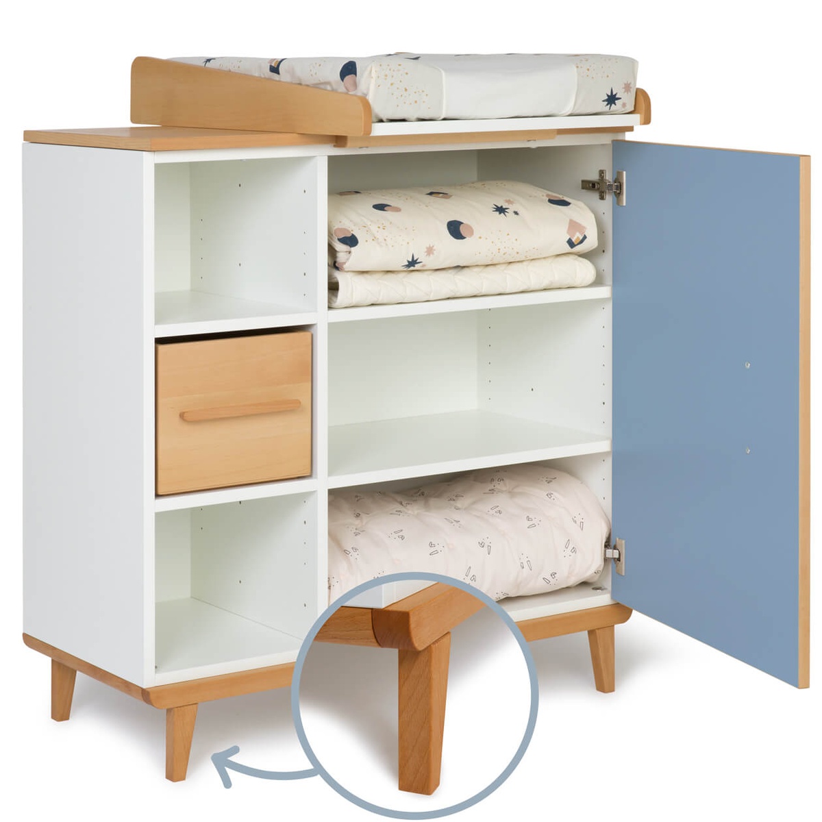 Commode à langer 1 porte 3 niches  NADO Retro finition hêtre capri blue