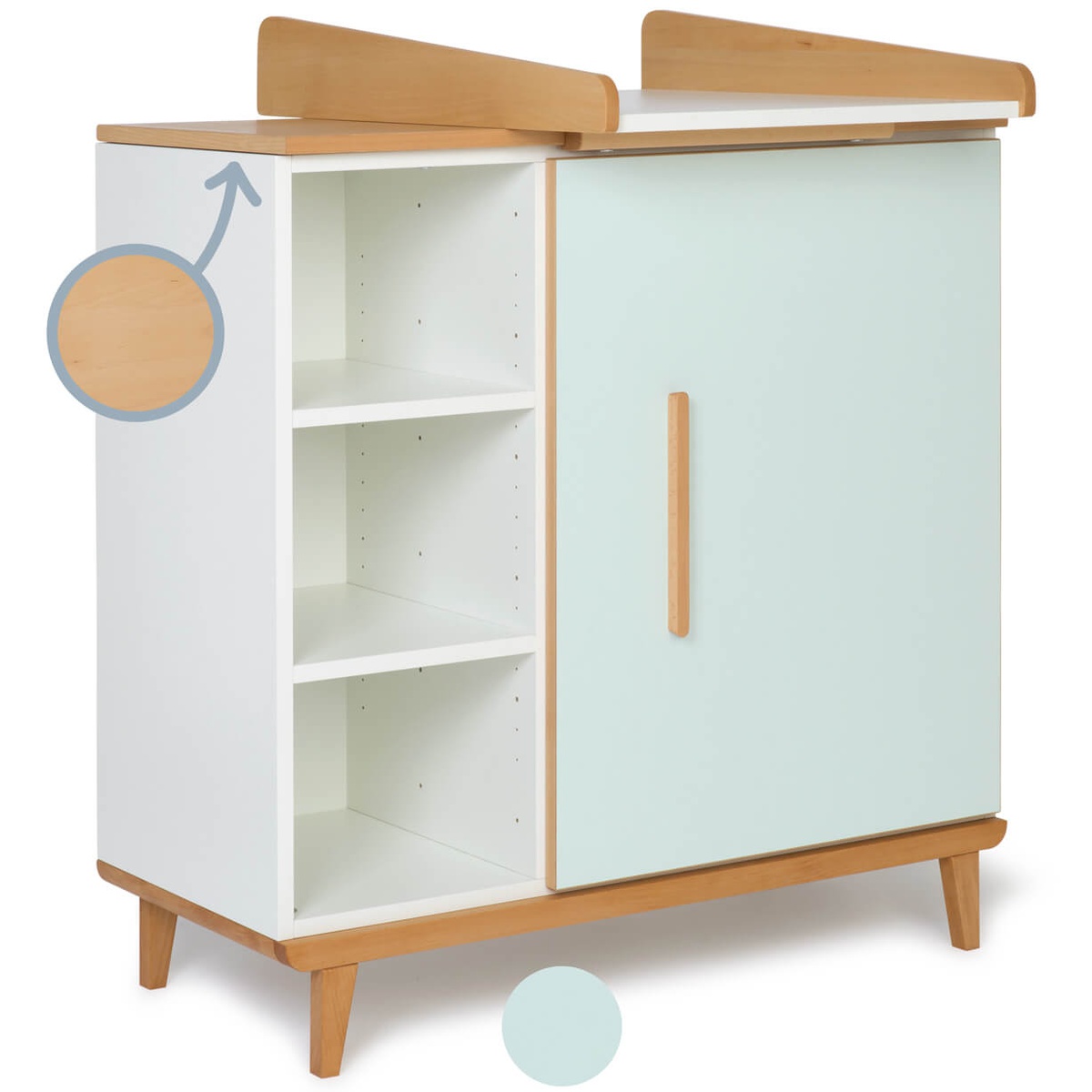 Commode à langer 1 porte 3 niches  NADO Retro finition hêtre mint