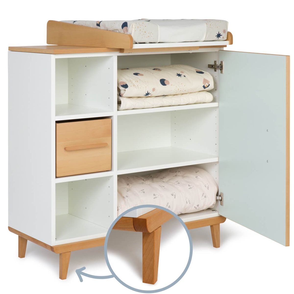 Commode à langer 1 porte 3 niches  NADO Retro finition hêtre mint