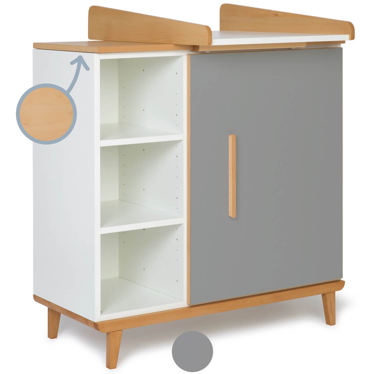 Commode à langer 1 porte 3 niches  NADO Retro finition hêtre slate grey