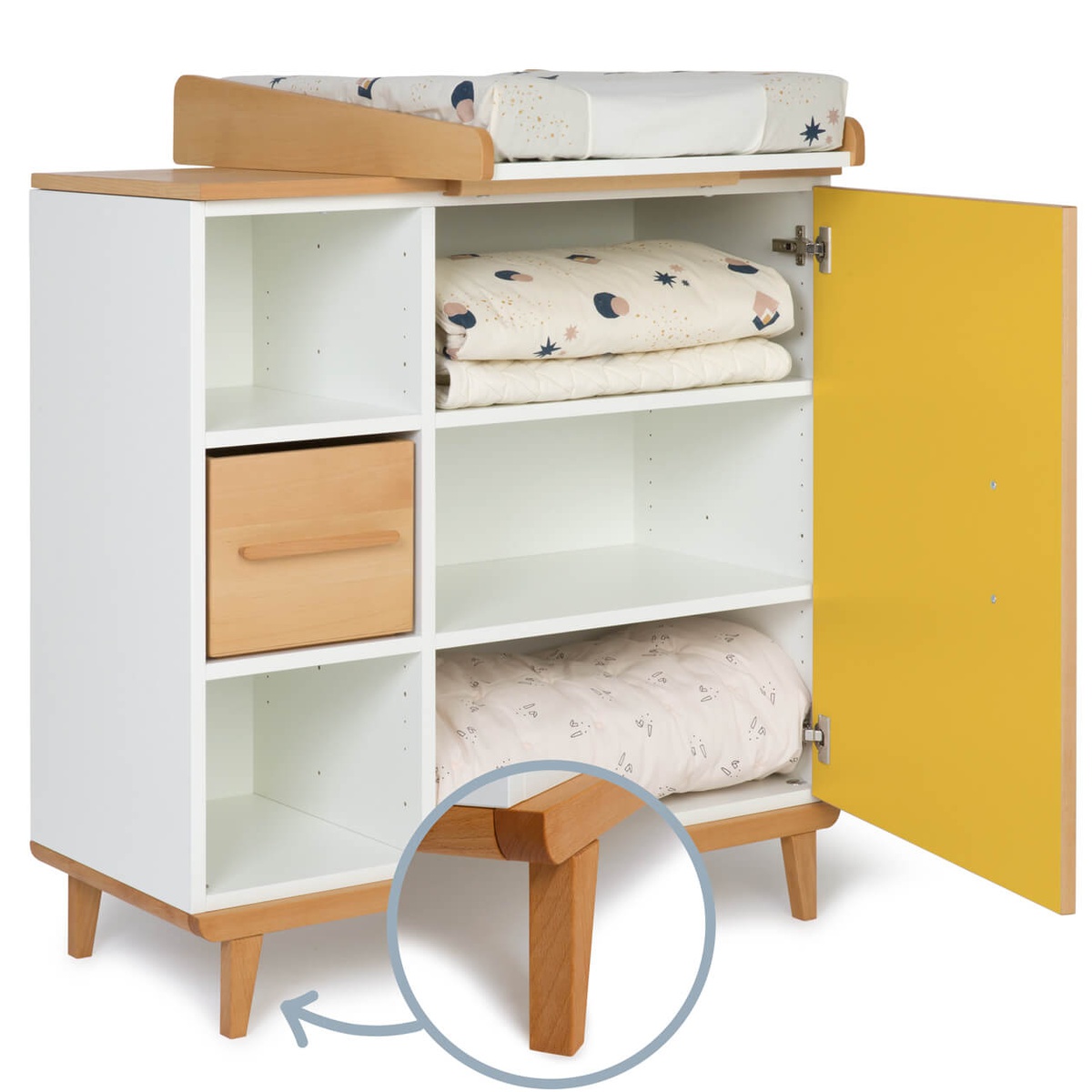 Commode à langer 1 porte 3 niches  NADO Retro finition hêtre sunshine yellow