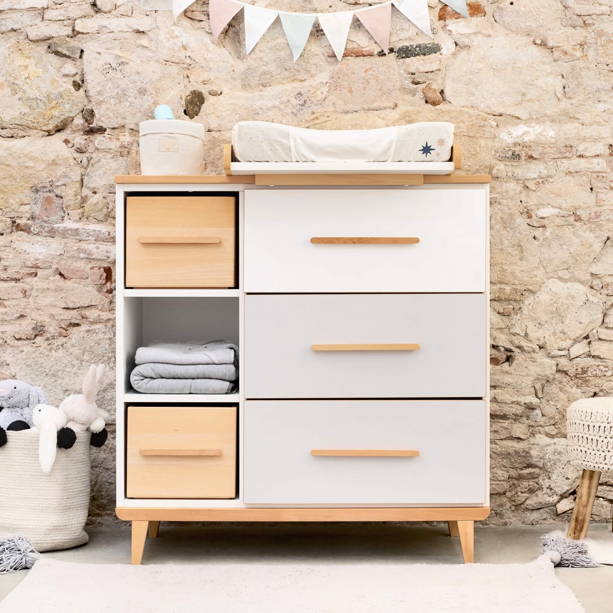 Commode à langer 3 tiroirs 3 niches NADO Retro finition hêtre manhattan grey