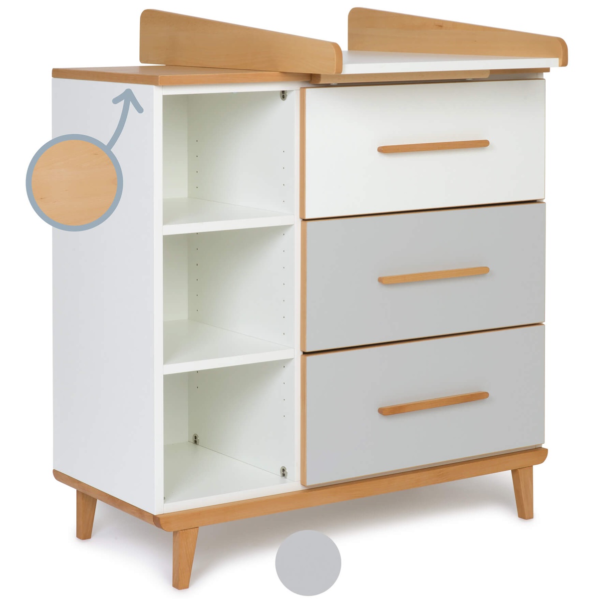 Commode à langer 3 tiroirs 3 niches NADO Retro finition hêtre white-manhattan grey