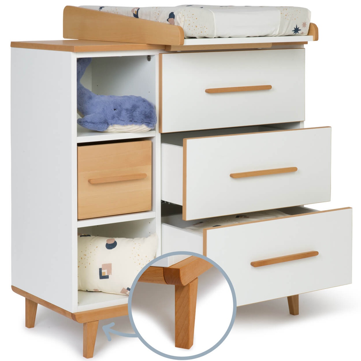 Commode à langer 3 tiroirs 3 niches NADO Retro finition hêtre white