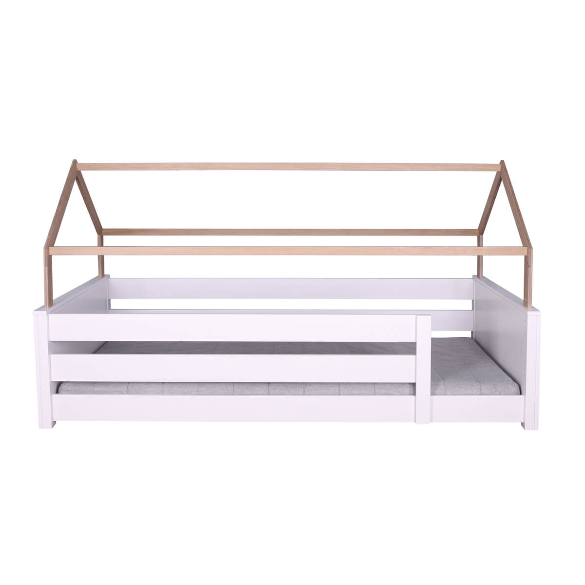 Lit au sol cabane Montessori barrière double KASVA hêtre laqué blanc-chêne huilé