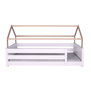 Lit au sol cabane Montessori barrière double KASVA hêtre laqué blanc-chêne huilé
