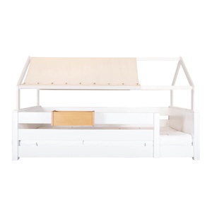 Lit au sol cabane Montessori barrière double KASVA hêtre laqué blanc textile de toit