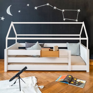 Lit au sol cabane Montessori barrière double KASVA hêtre laqué blanc